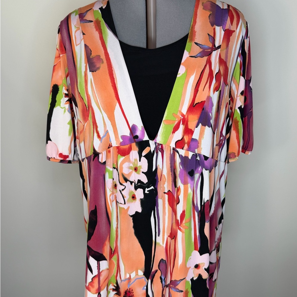 CJ Banks Shirt Womens 3X Multicolor Floral V Neck Short Sleeve Stretch Tunic Top